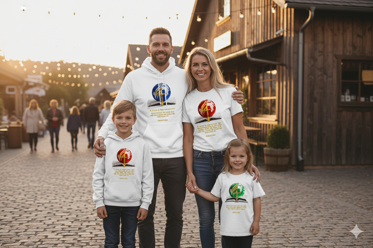 Christian family wearing Bible verse Christian clothing including faith-based hoodies and t-shirts with scripture prints, representing Christian family lifestyle and inspirational Christian apparel.